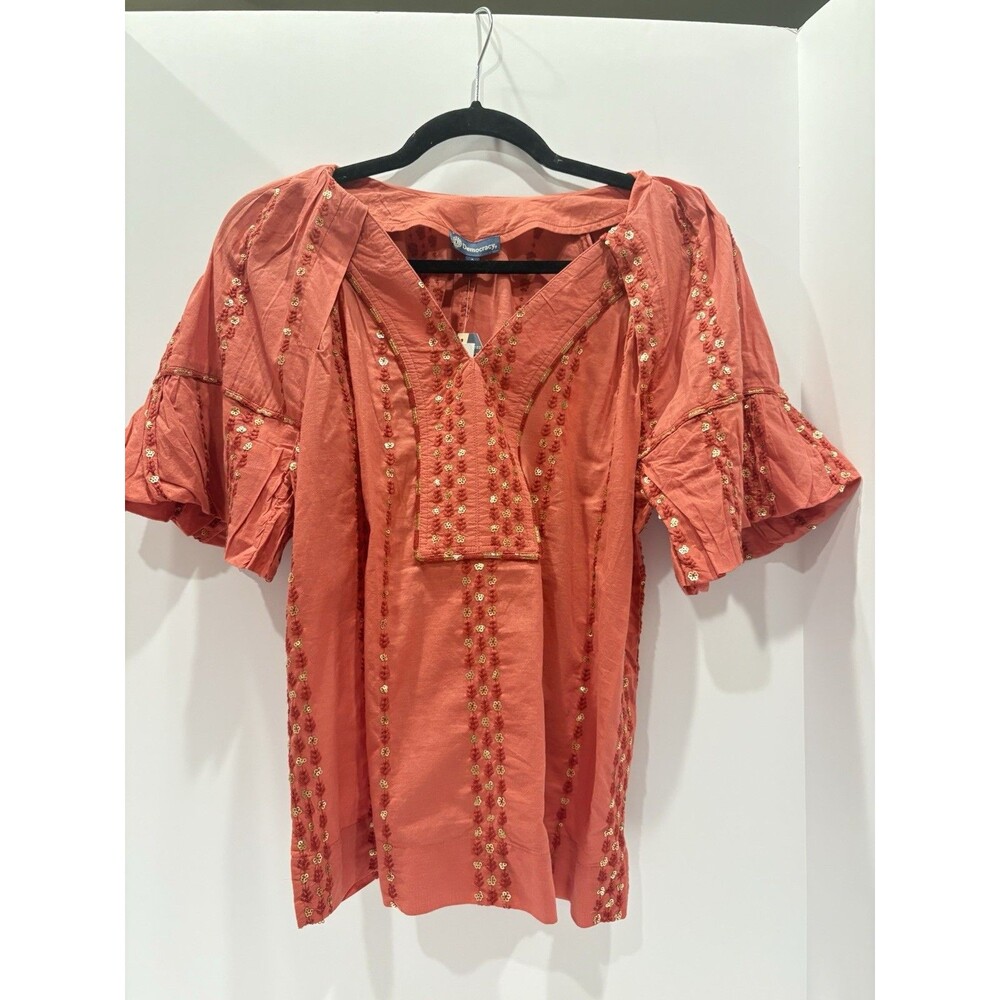 Democracy Embroidered Sequin Peasant Blouse Coral Terracota Small NWT